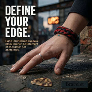 Hand wearing a red and black braided bracelet with text 'Define High-quality natural suede   bracelet  Hand-braided, sporty, and casual