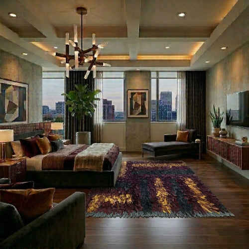 Modern living room with a cityscape view, stylish decor, and large windows.