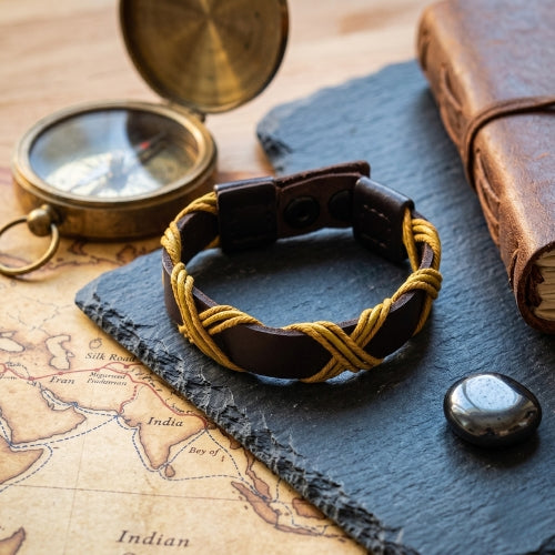 Dark brown and gold bracelet on a wooden surface with text about craftsmanship and style.Handmade leather bracelet with jute weave on a beach setting, featuring text about product features. footy,HAWTHORN HAWKS,football,club,AFL,
#AFL #Footy #AustralianRulesFootball #AFLBracelets #HandmadeJewelry #FootyFans
