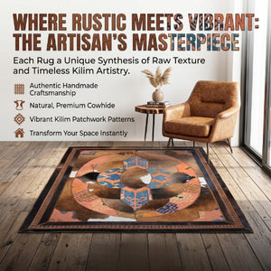 Rustic armchair and decorative rug with promotional text about artisanal craftsmanship,Rug shop,Leather shop,near me,Handmade rug
