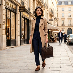 Woman walking in city carrying a chic brown leather business tote bag