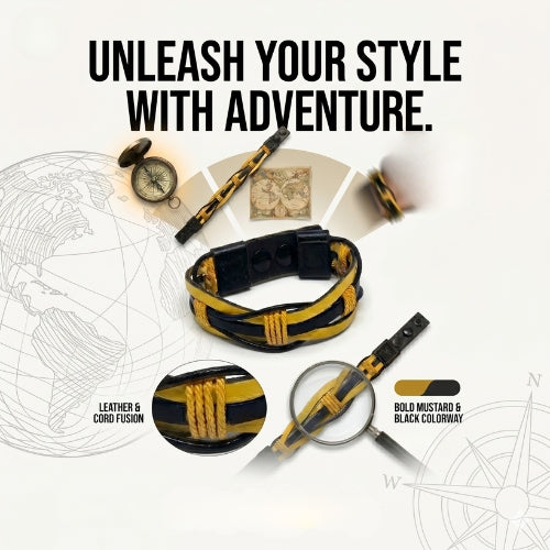 Sporty unisex yellow and black leather wristband featuring hand-woven details and a secure snap clasp
