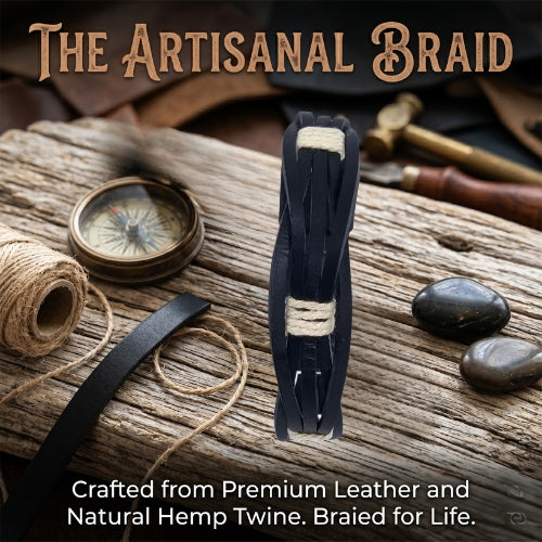 Handmade leather bracelet with jute weave on a beach setting, featuring text about product features. footy,collingwood,football,club,AFL,
#AFL #Footy #AustralianRulesFootball #AFLBracelets #HandmadeJewelry #FootyFans