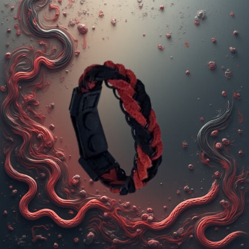 Hand wearing a red and black braided bracelet with text 'Define High-quality natural suede   bracelet  Hand-braided, sporty, and casual  Unisex design, perfect for everyday wear