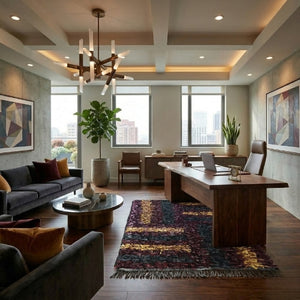 Modern living room with a desk, sofa, and decorative elements.