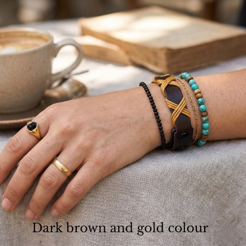 Dark brown and gold bracelet on a wooden surface with text about craftsmanship and style.Handmade leather bracelet with jute weave on a beach setting, featuring text about product features. footy,HAWTHORN HAWKS,football,club,AFL,
#AFL #Footy #AustralianRulesFootball #AFLBracelets #HandmadeJewelry #FootyFans
