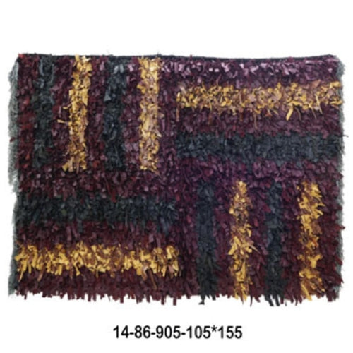 Textured fabric swatch with a pattern of purple, yellow, and black on a white background.