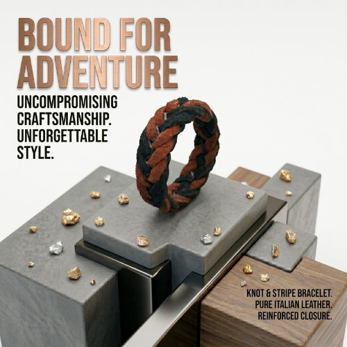 Hand wearing a red and black braided bracelet with text 'Define High-quality natural suede   bracelet  Hand-braided, sporty, and casual  Unisex design, perfect for everyday wear
