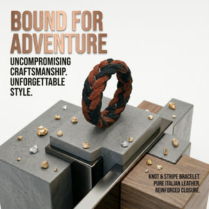 Hand wearing a red and black braided bracelet with text 'Define High-quality natural suede   bracelet  Hand-braided, sporty, and casual  Unisex design, perfect for everyday wear