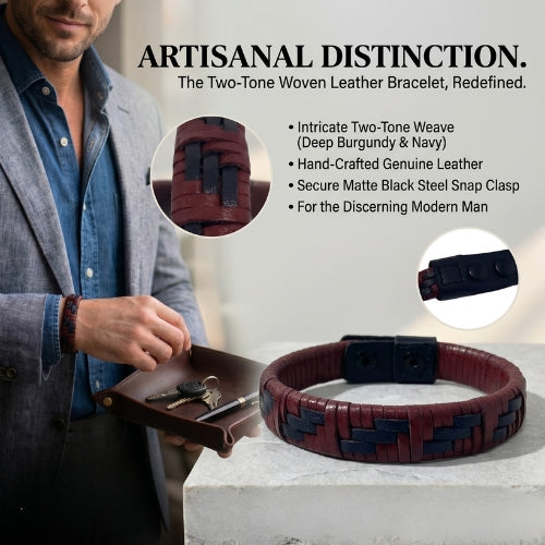 Handmade Two-Tone Braided Leather Bracelet Sport Bracelet Dark Blue & Burgundy-2
