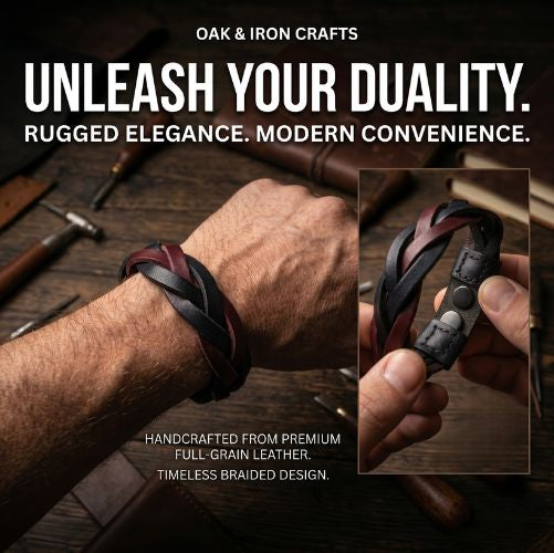 Handmade leather bracelet

Braided leather bracelet

Navy and maroon bracelet

Two-tone leather band

Artisan leather jewelry

Men's leather bracelet

Women's woven bracelet

Handmade leather accessories