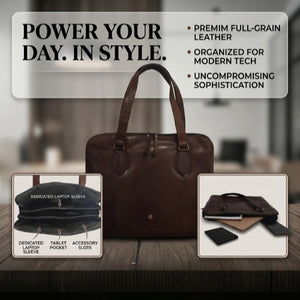 Front view of brown women's leather briefcase highlighting organized tech pockets