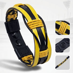 Collage of a handmade yellow and black braided leather bracelet. Shows the sporty wristband with yellow waxed cord details, adjustable black snap closures, and the bracelet laid flat