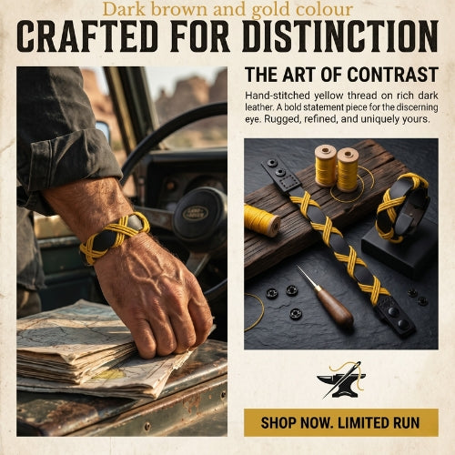 Dark brown and gold bracelet on a wooden surface with text about craftsmanship and style.Handmade leather bracelet with jute weave on a beach setting, featuring text about product features. footy,HAWTHORN HAWKS,football,club,AFL,
#AFL #Footy #AustralianRulesFootball #AFLBracelets #HandmadeJewelry #FootyFans
