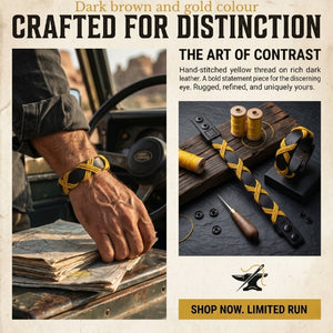 Dark brown and gold bracelet on a wooden surface with text about craftsmanship and style.Handmade leather bracelet with jute weave on a beach setting, featuring text about product features. footy,HAWTHORN HAWKS,football,club,AFL,
#AFL #Footy #AustralianRulesFootball #AFLBracelets #HandmadeJewelry #FootyFans
