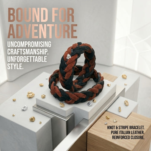 Hand wearing a red and black braided bracelet with text 'Define High-quality natural suede   bracelet  Hand-braided, sporty, and casual  Unisex design, perfect for everyday wear