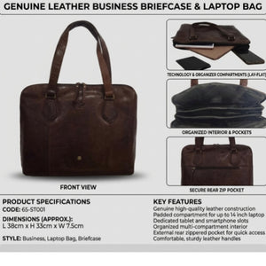 Product details of brown genuine leather messenger bag with multiple compartments