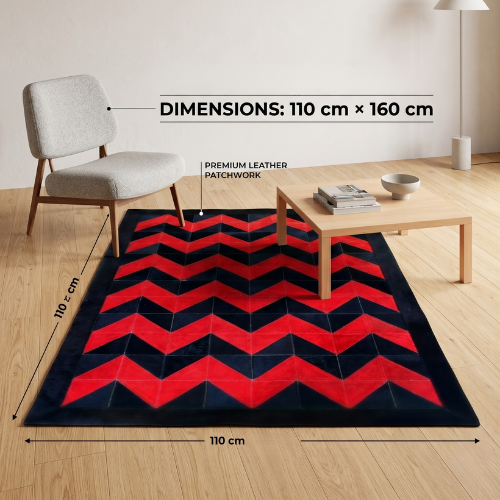 Handmade Red Suede and Black Cowhide Chevron Patchwork Area Rug,Modern Bold Geometric Chevron Rug - Red Suede & Black Hide Patchwork,Red & Black Cowhide Patchwork Chevron Rug