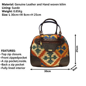 Women's Handmade Genuine Leather Handwoven Kilim Tote Handbag unique design KM 806-3