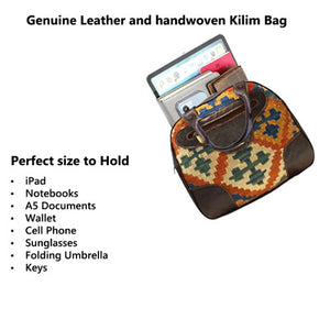 Women's Handmade Genuine Leather Handwoven Kilim Tote Handbag unique design KM 806-3