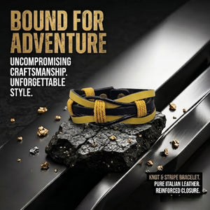 Collage of a handmade yellow and black braided leather bracelet. Shows the sporty wristband with yellow waxed cord details, adjustable black snap closures, and the bracelet laid flat