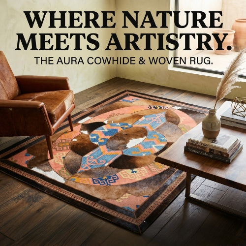 Living room with a cowhide and woven rug, featuring text 'Where Nature Meets Artistry,Rug,Carpet,Near me,Sale,