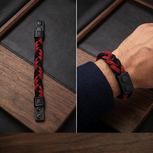 Hand wearing a red and black braided bracelet with text 'Define High-quality natural suede   bracelet  Hand-braided, sporty, and casual  Unisex design, perfect for everyday wear