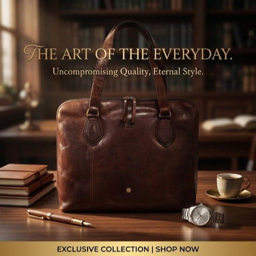 Elegant brown leather work bag for women on a dark wooden office desk