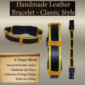 Collage of a handmade yellow and black braided leather bracelet. Shows the sporty wristband with yellow waxed cord details, adjustable black snap closures, and the bracelet laid flat,Handmade leather bracelet with jute weave on a beach setting, featuring text about product features. footy,collingwood,football,club,AFL,