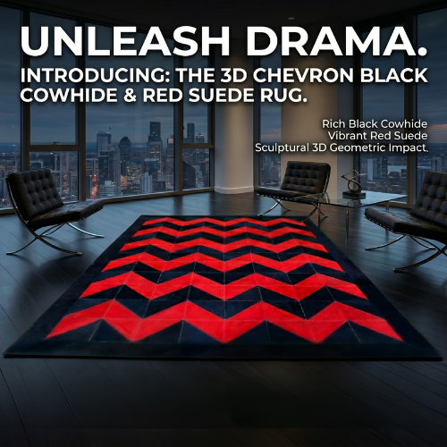 Handmade Red Suede and Black Cowhide Chevron Patchwork Area Rug,Modern Bold Geometric Chevron Rug - Red Suede & Black Hide Patchwork,Red & Black Cowhide Patchwork Chevron Rug