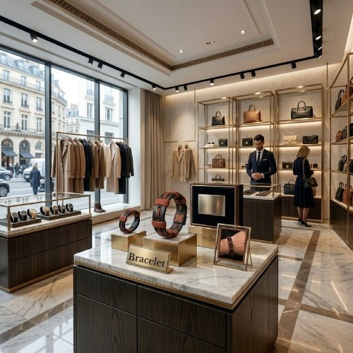KANDM PARSE LEATHER SHOP handmade navy blue and burgundy braided leather bracelet displayed in a luxury boutique.
