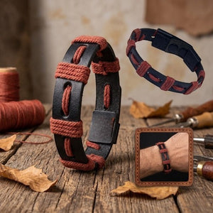 KANDM PARSE LEATHER SHOP handmade navy blue and burgundy braided leather bracelet with snap button closure.