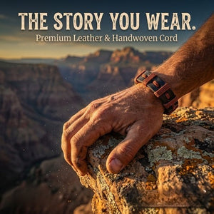 KANDM PARSE LEATHER SHOP handmade navy blue and burgundy braided leather bracelet worn on a wrist in a canyon setting.