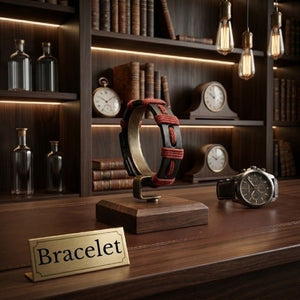 KANDM PARSE LEATHER SHOP handmade navy blue and burgundy braided leather bracelet on a wooden display stand.