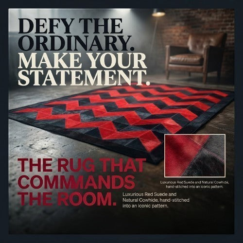 KANDM PARSE LEATHER SHOP handcrafted patchwork rug in red suede and black cowhide with a geometric chevron pattern.