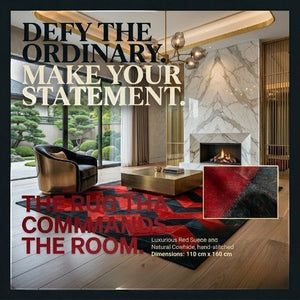 KANDM PARSE LEATHER SHOP hand-stitched patchwork rug in red suede and natural cowhide with geometric chevron design.