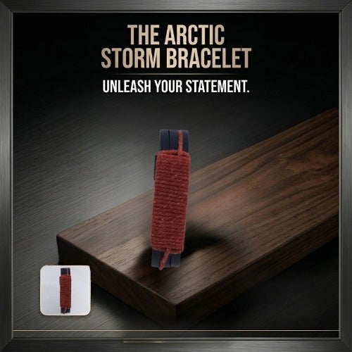 KANDM PARSE LEATHER SHOP handcrafted black leather bracelet with red-brown woven cord and adjustable snap closure.