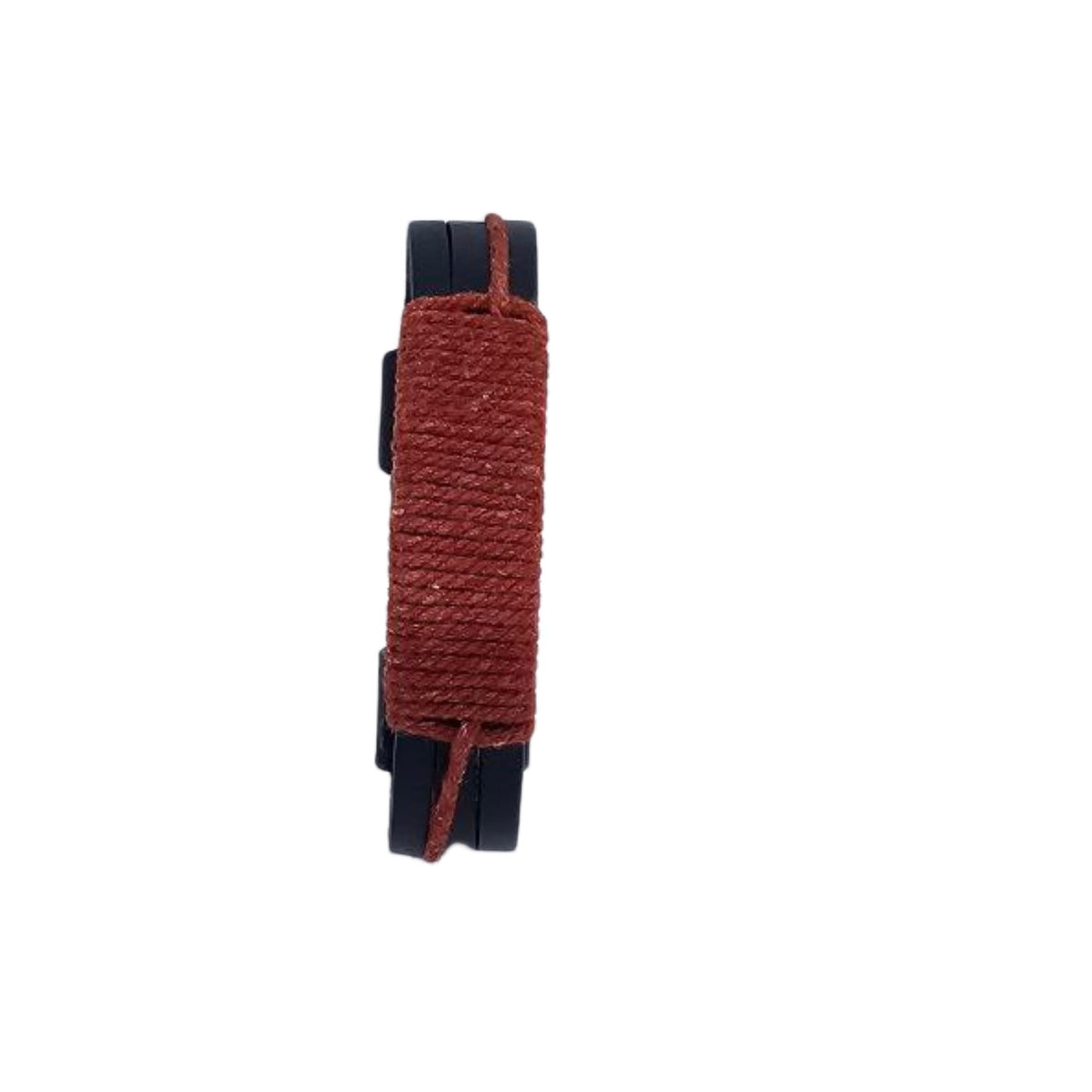 KANDM PARSE LEATHER SHOP handcrafted black leather bracelet with a red-brown woven cord wrap and snap closure.