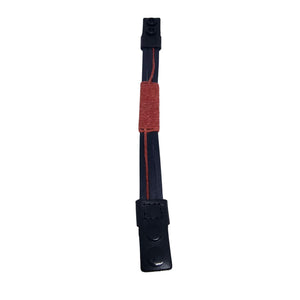 KANDM PARSE LEATHER SHOP handcrafted black leather bracelet with a red-brown woven cord detail and snap closure.