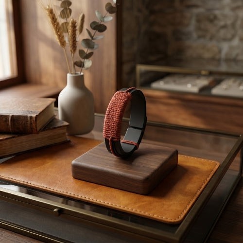 KANDM PARSE LEATHER SHOP handcrafted black leather bracelet with a textured red-brown woven cord wrap on a wood stand.