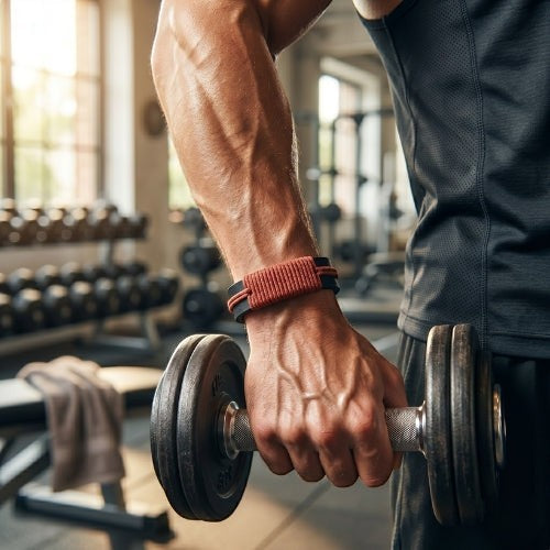 KANDM PARSE LEATHER SHOP handcrafted black leather bracelet with red-brown woven cord worn by a man lifting a dumbbell.