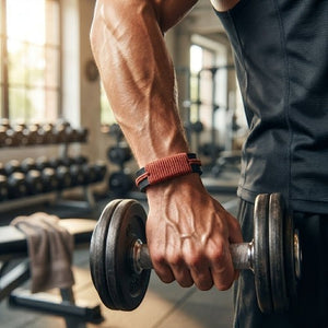 KANDM PARSE LEATHER SHOP handcrafted black leather bracelet with red-brown woven cord worn by a man lifting a dumbbell.
