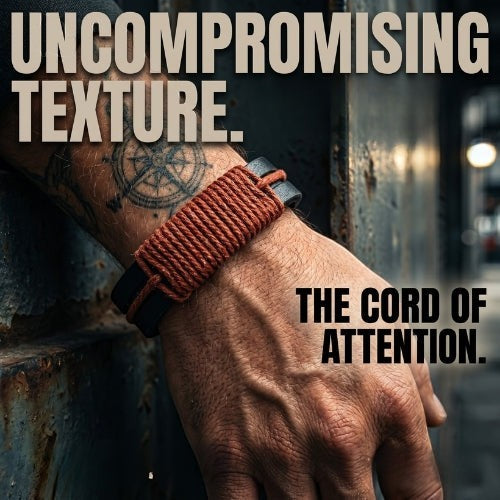 KANDM PARSE LEATHER SHOP handcrafted black leather bracelet with a red-brown woven cord wrap on a tattooed wrist.