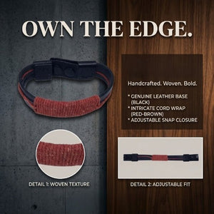 KANDM PARSE LEATHER SHOP handcrafted black leather bracelet with red-brown woven cord and adjustable snap closure.