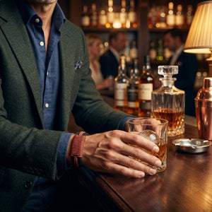 KANDM PARSE LEATHER SHOP handcrafted black leather bracelet with red-brown woven cord on a man in a blazer at a bar.