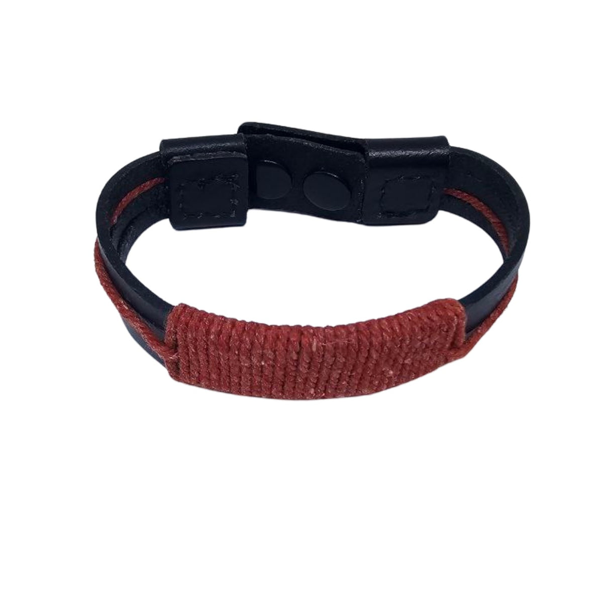 KANDM PARSE LEATHER SHOP handcrafted black leather bracelet with a textured red-brown woven cord and snap closure.