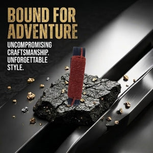 KANDM PARSE LEATHER SHOP handcrafted black leather bracelet with red-brown woven cord detail on a textured rock base.